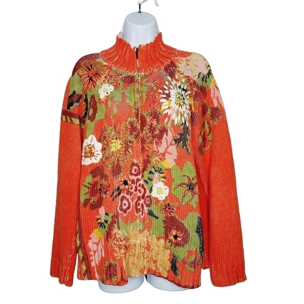 Coldwater Creek Vintage 90's Embroidered Floral Cotton Zip Up Cardigan